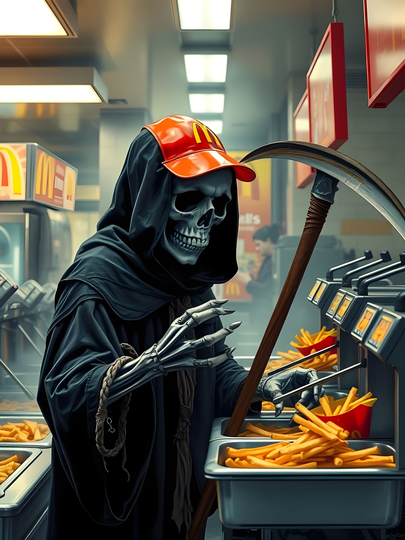 Grim Reaper's Fast Food Job in Pop Art Style