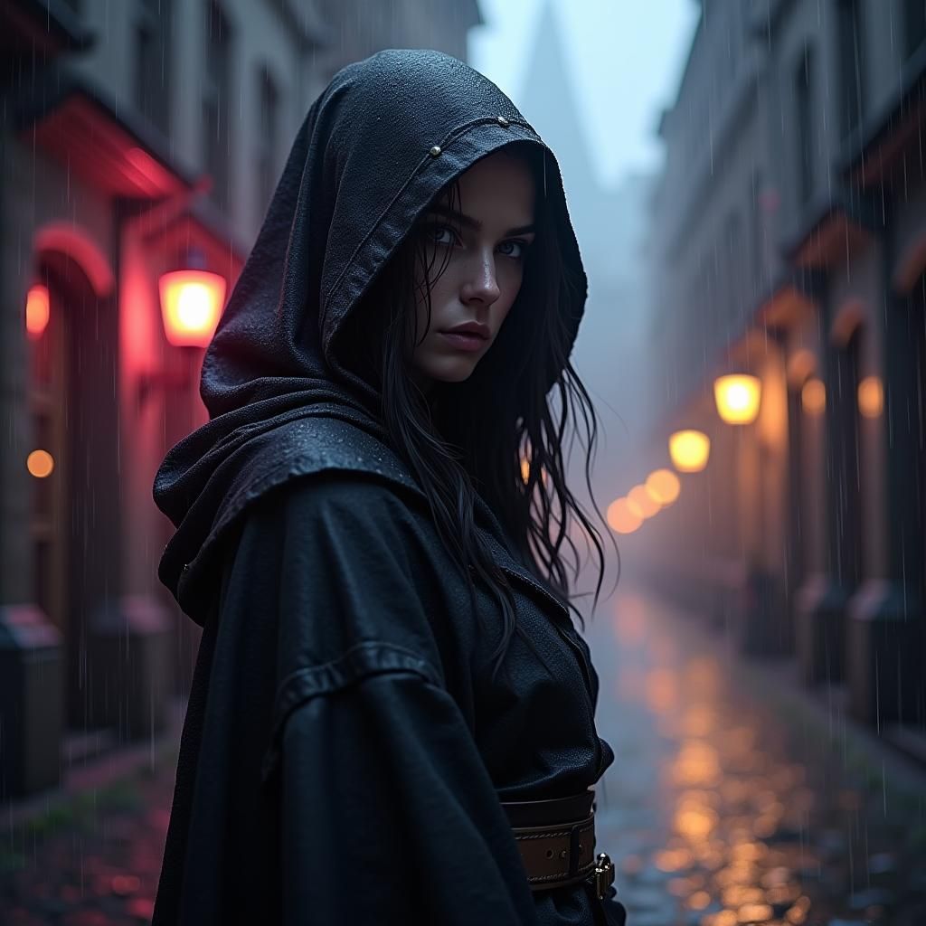 Dark Fantasy Woman Ranger in Gothic Cityscape