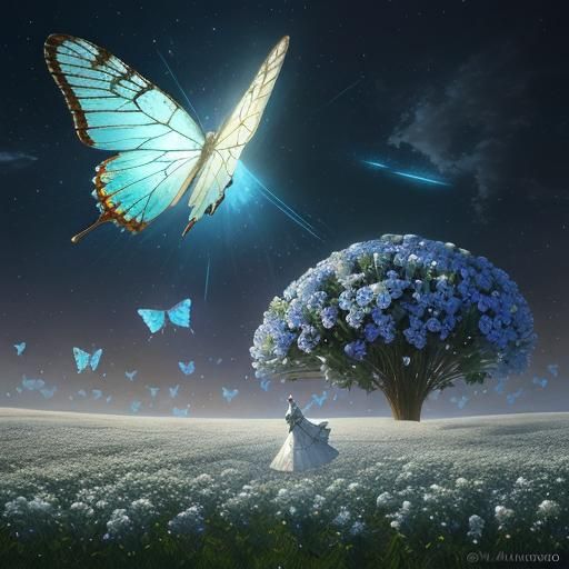 Butterflies and Roses at Night, Digital Painting