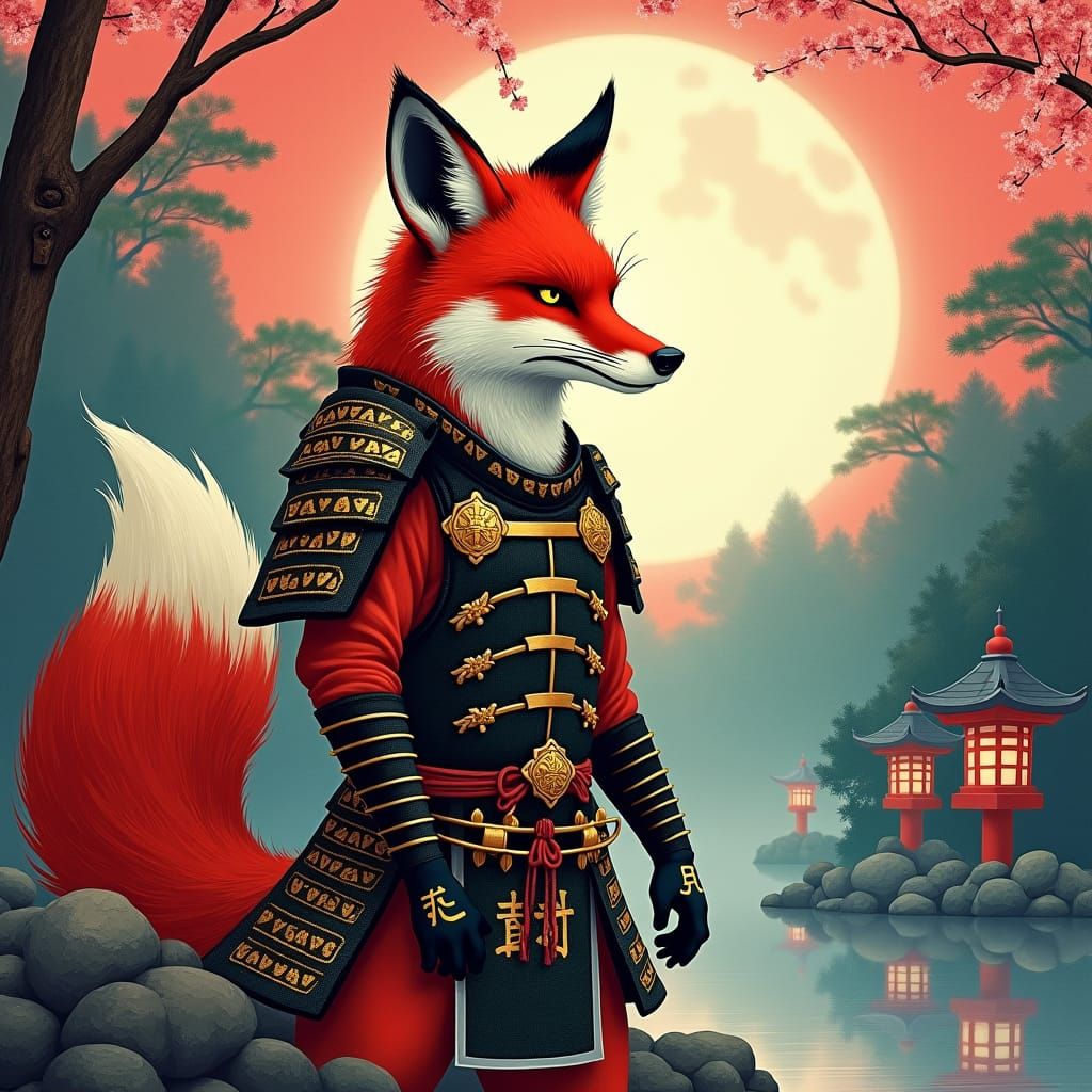 Crimson Samurai Fox in Moonlit Garden