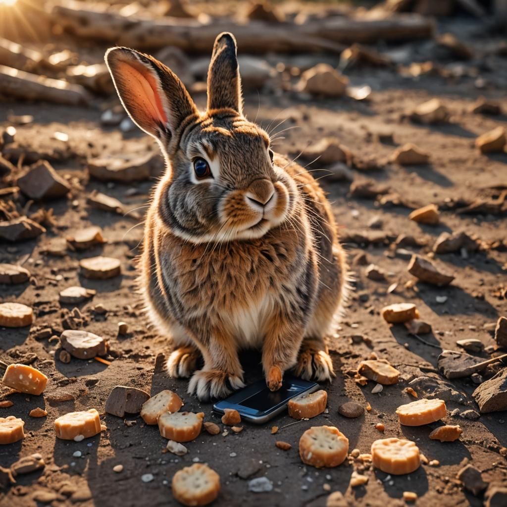 Rabbit Plays Smartphone Amidst War: Golden Hour Photography