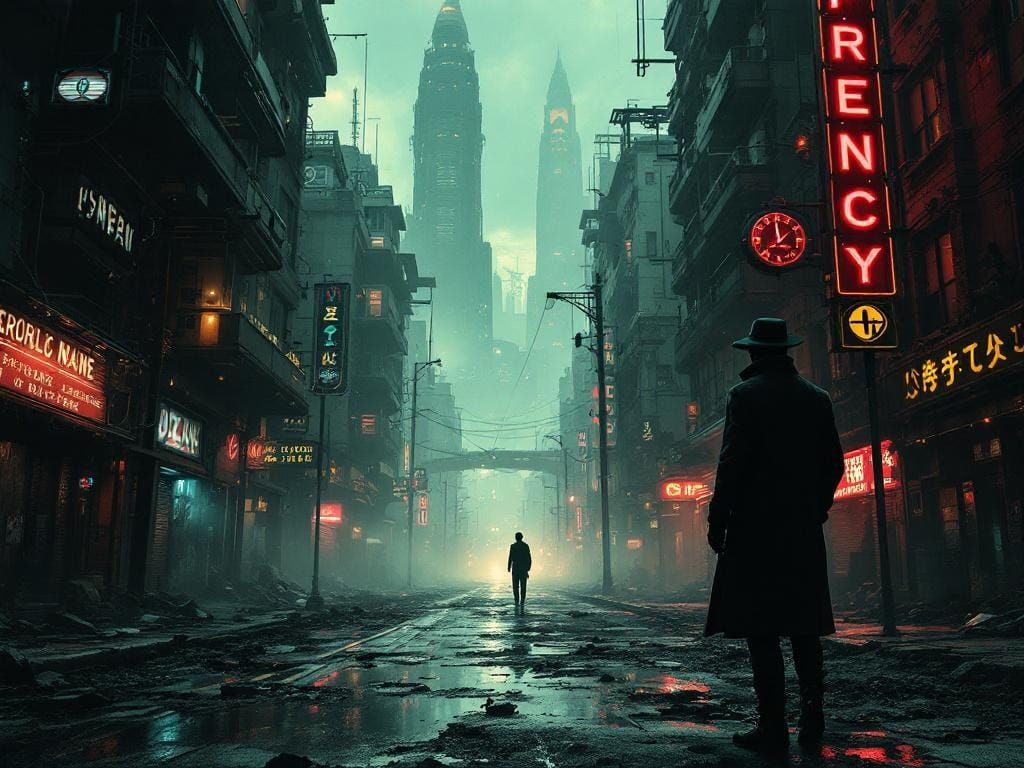 Noir Investigator in Decaying Cyberpunk San Francisco