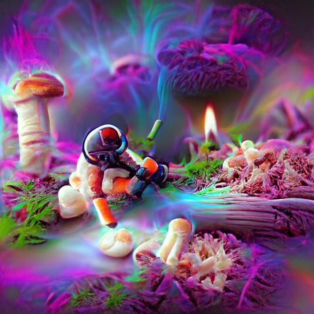 Astronaut Smoking Glowing Mushrooms in Psychedelic Art