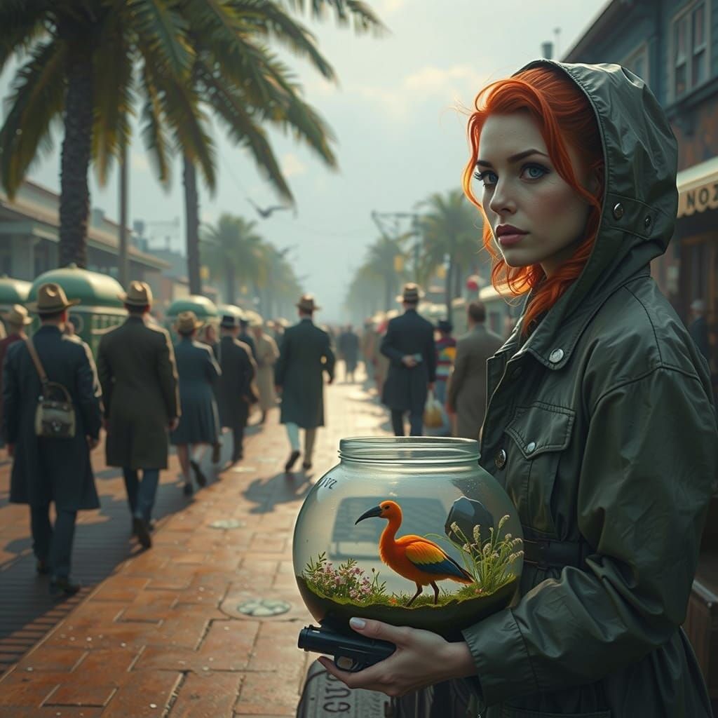 Vintage Travelers Gather at Dawn in a Rural Town, with a Pin...