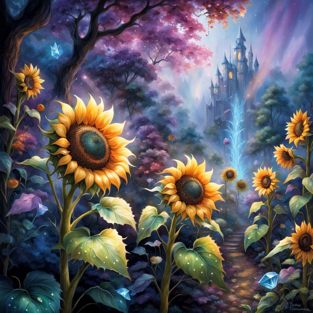 Whimsical Sunflower Blooms with Glowing Crystals in a Magica...