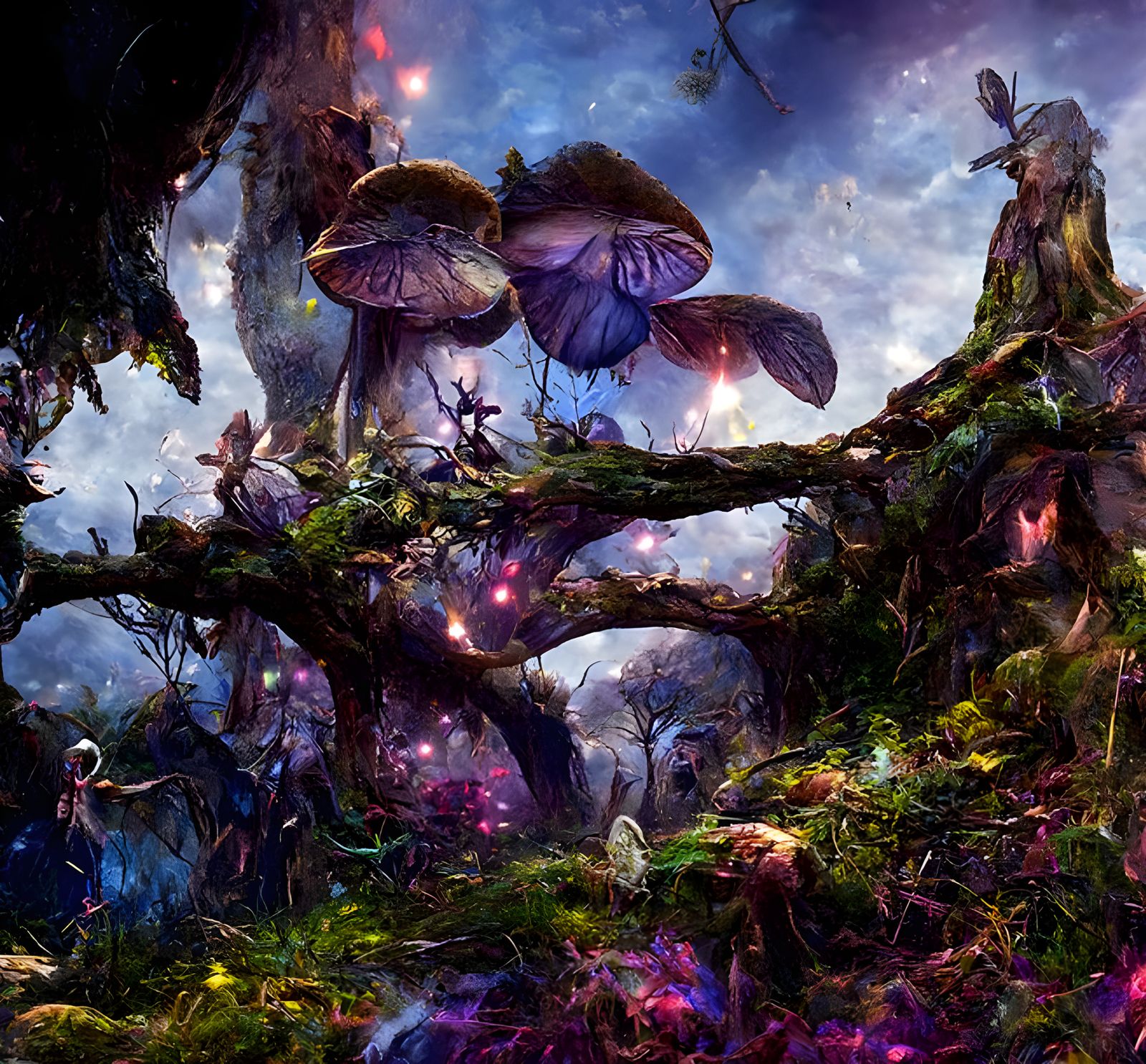 Enchanted Forest Scene with Fireflies and Fairies