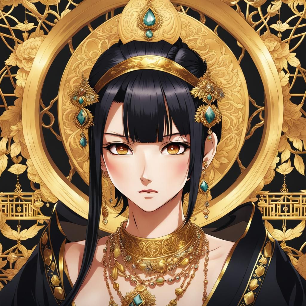 Anime Portrait: Dark-Haired Woman with Golden Jewelry
