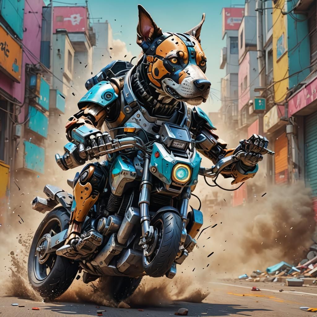 Robotic Dog Rides Motorbike: Hyperrealistic Concept Art