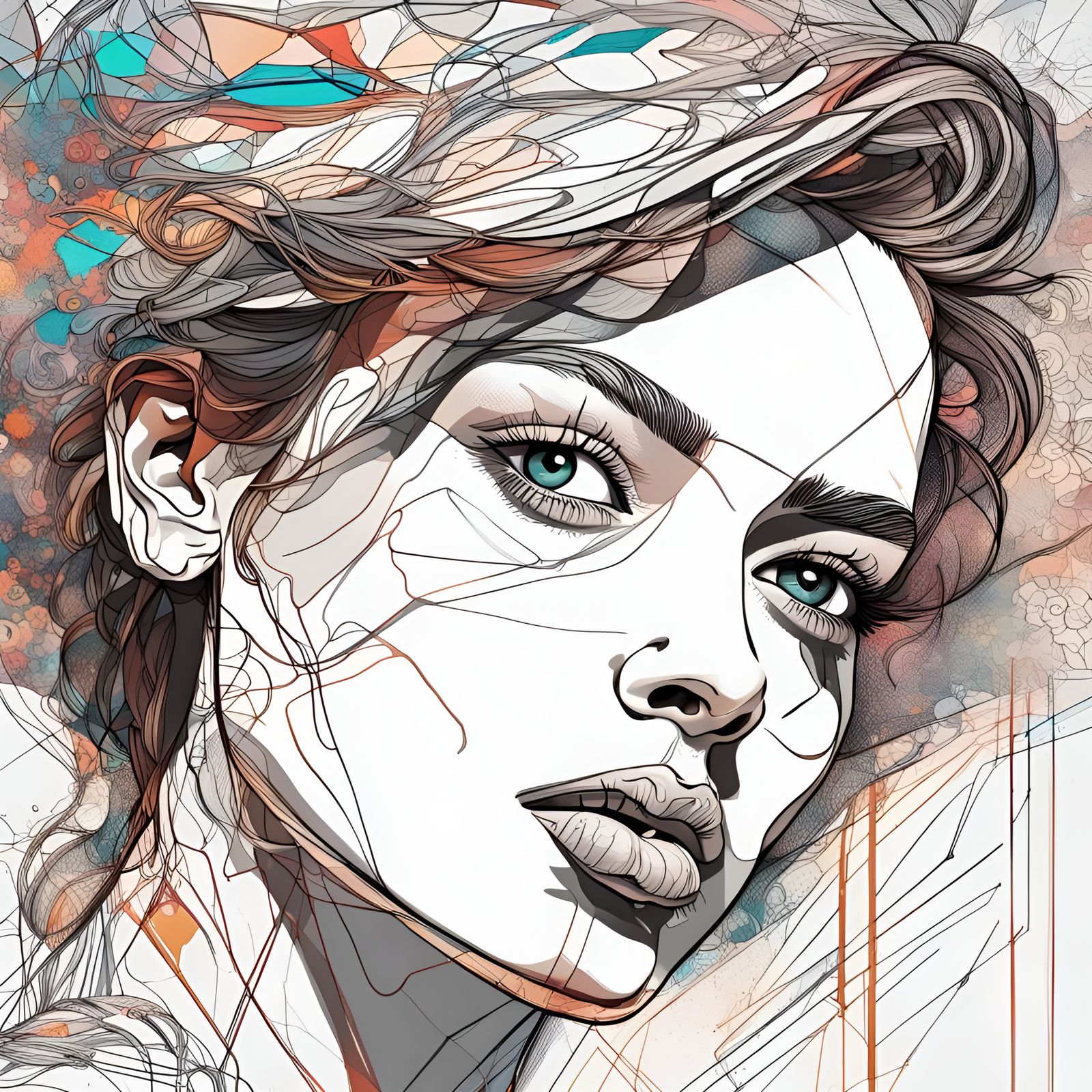 Detailed Line Art Portrait on Cluttered Desk