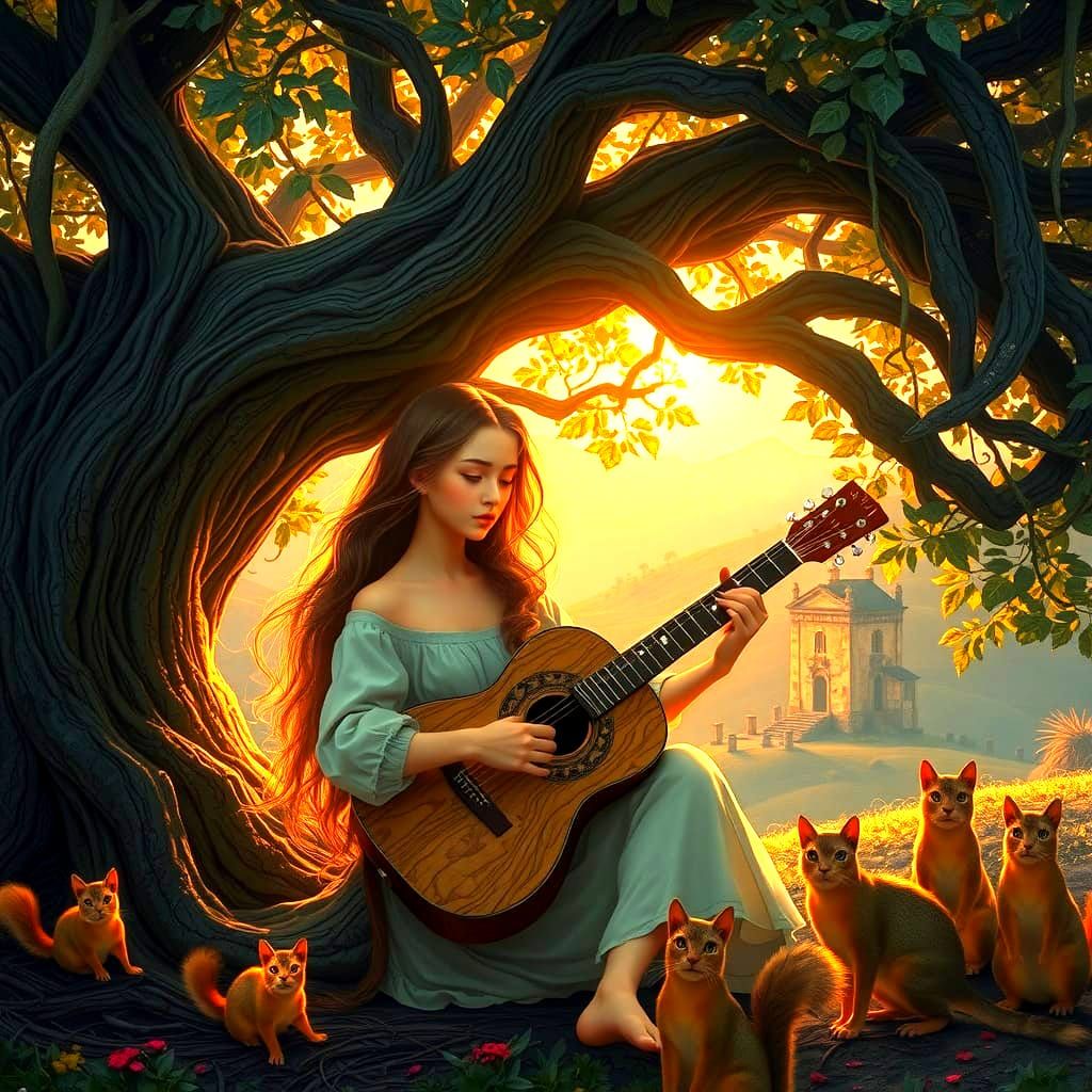 Girl Playing Guitar Under Tree in Detailed Matte Painting