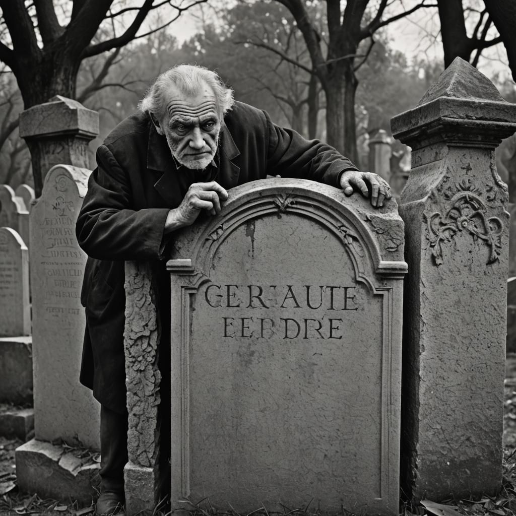 Eerie Man Peeks from Tombstone: Horror Photography