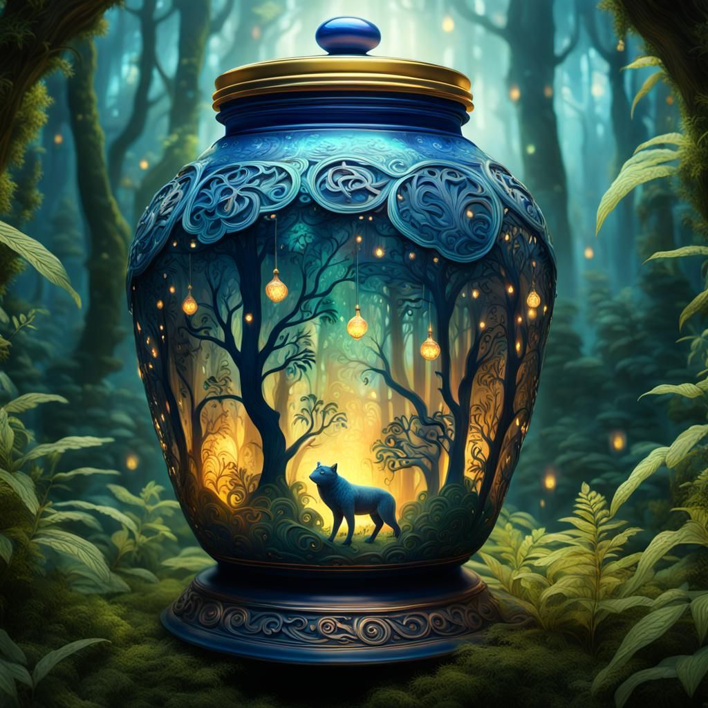 Ornate Jar Floating in Mystical Forest