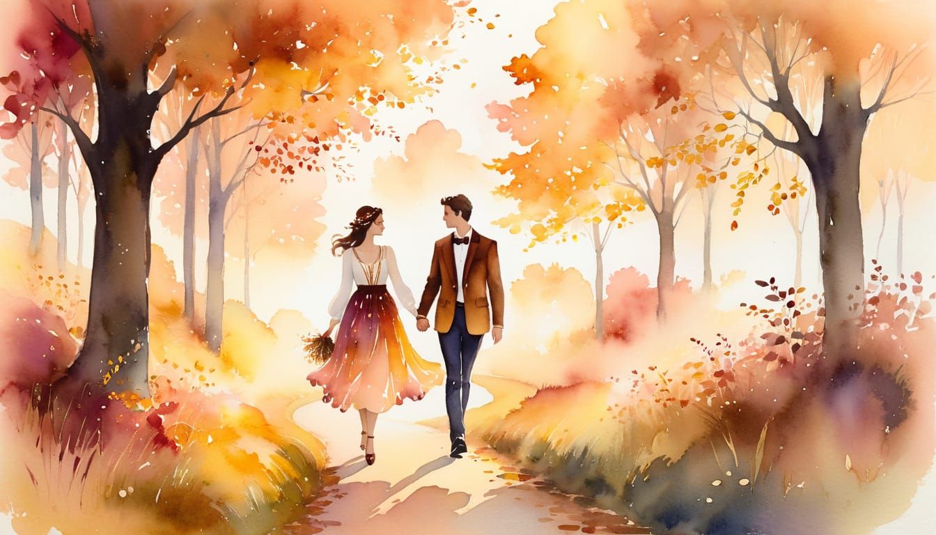 Romantic Couple in Autumn Mist, Watercolor Style