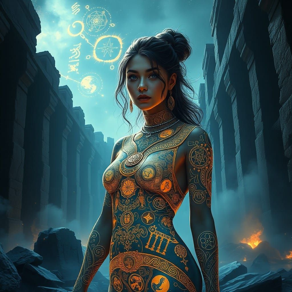 Mystical Woman with Celestial Tattoos in Ancient Ruins