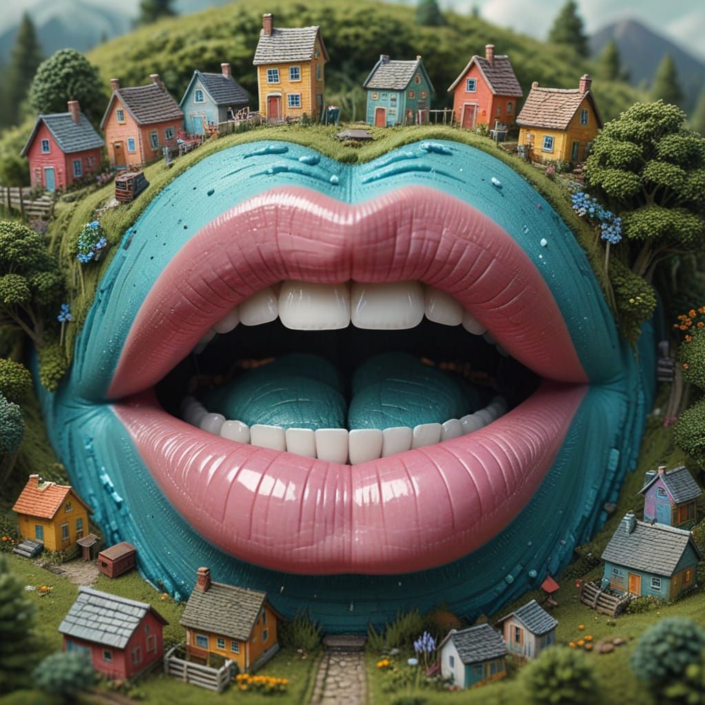 Enchanted Village Inside a Mouth, Fantasy Art