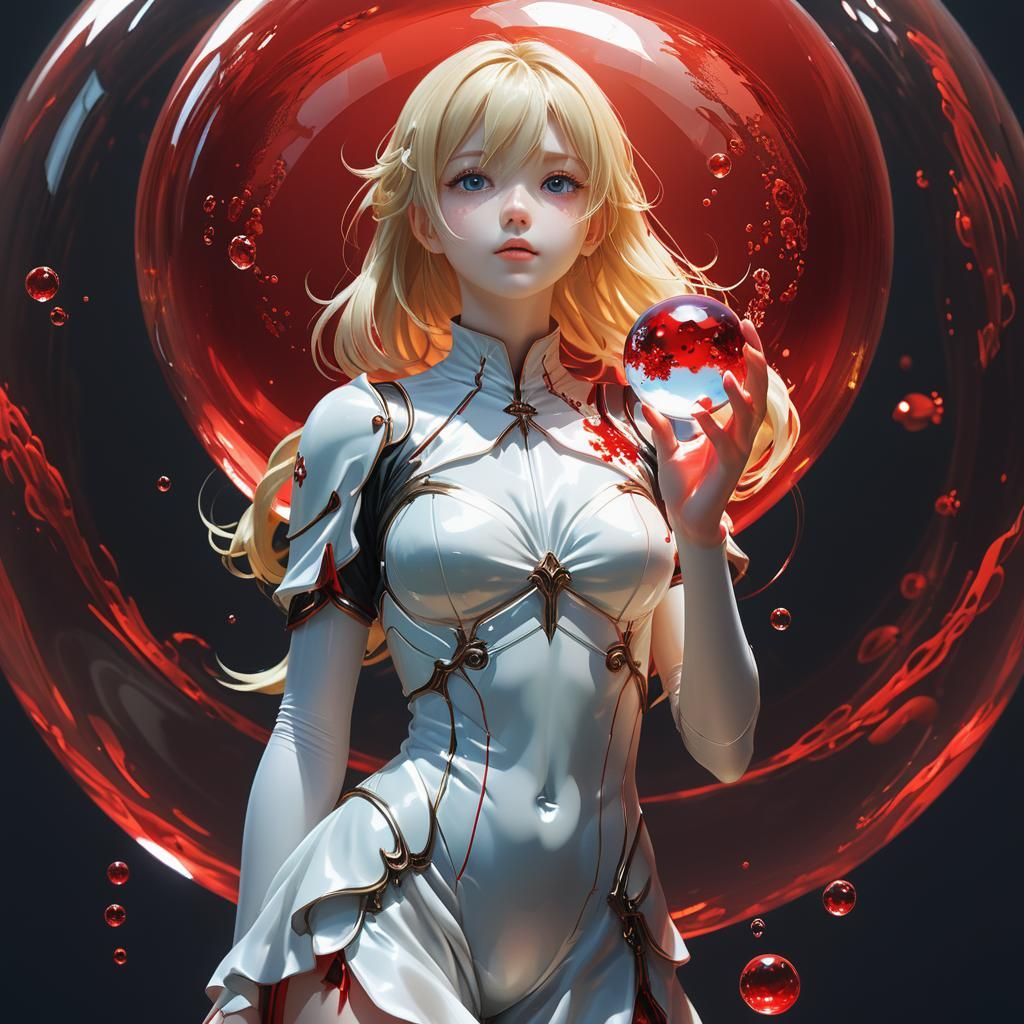 Blonde Woman Holding Bubble Reflecting Red Sea: Anime Art