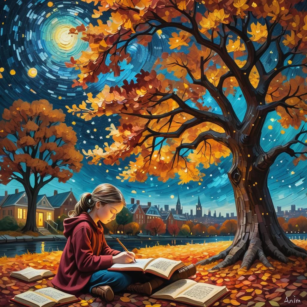 Girl Writing Under Autumn Tree: Impasto Painting