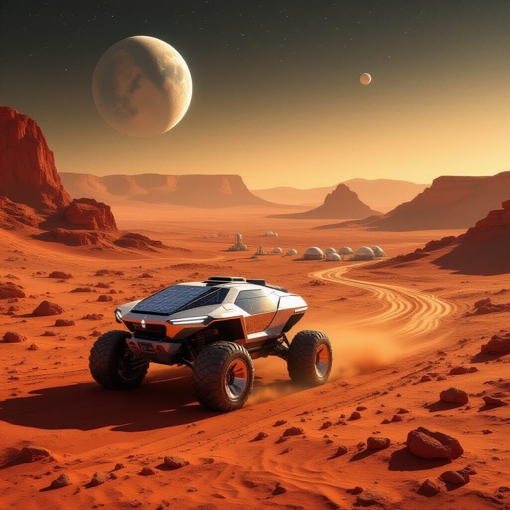 Futuristic Rover on Mars Under Alien Moons