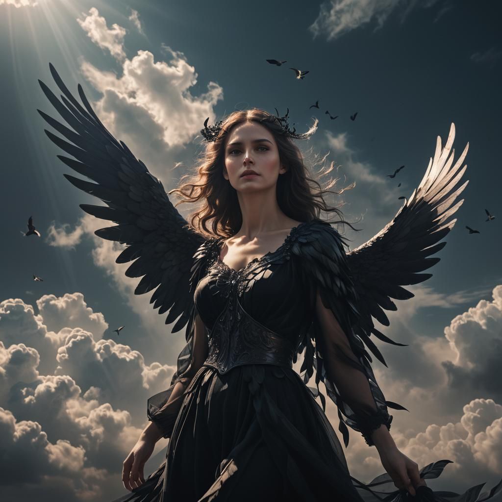 Surreal Angel in Heaven with Black Wings