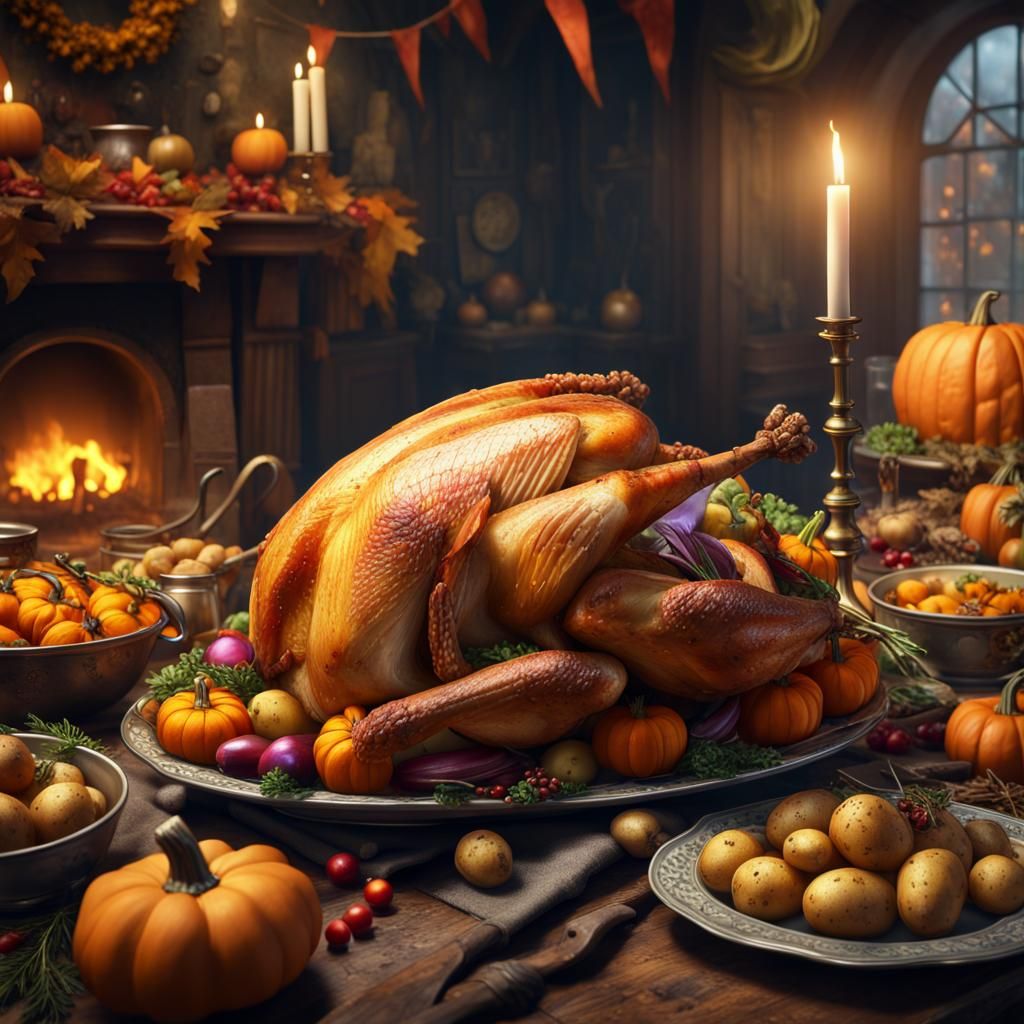 Festive Roasted Turkey with Vegetables in Detailed Painting