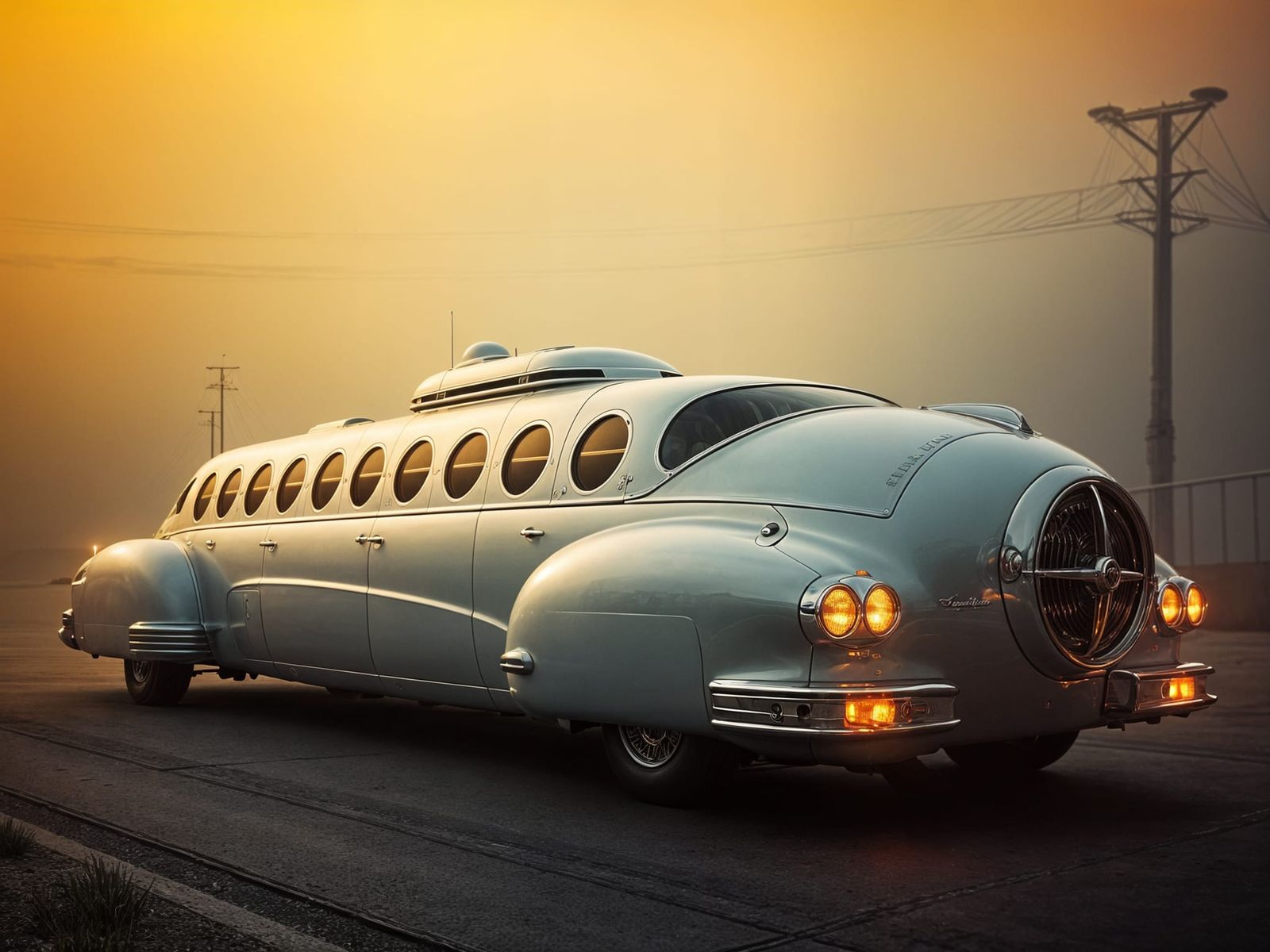 Luxurious Steampunk Limousine in Warm, Golden Hour Lighting