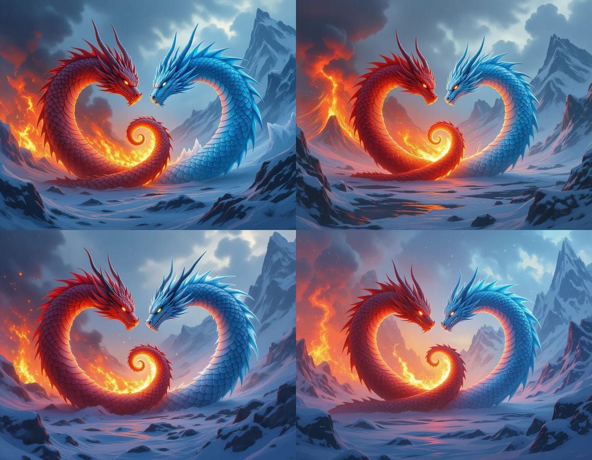 Epic Dragons Clash in Volcanic Tundra Landscape