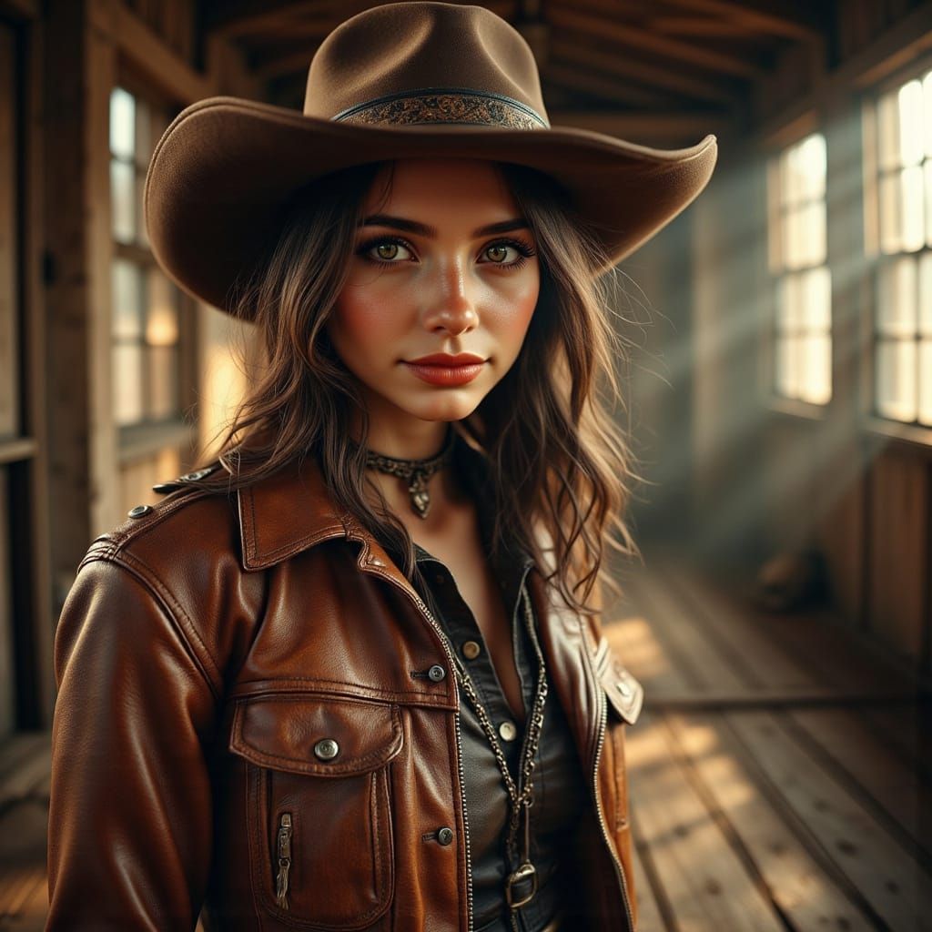 Photorealistic Cowgirl Dances in Barn, Hyperdetailed Portrai...