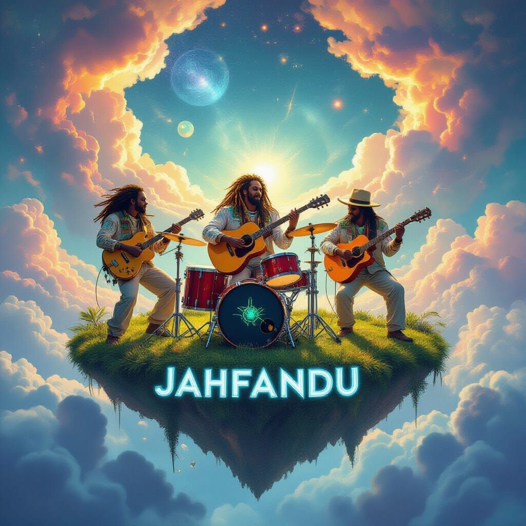 Reggae Band on Floating Island in Cosmic Clouds