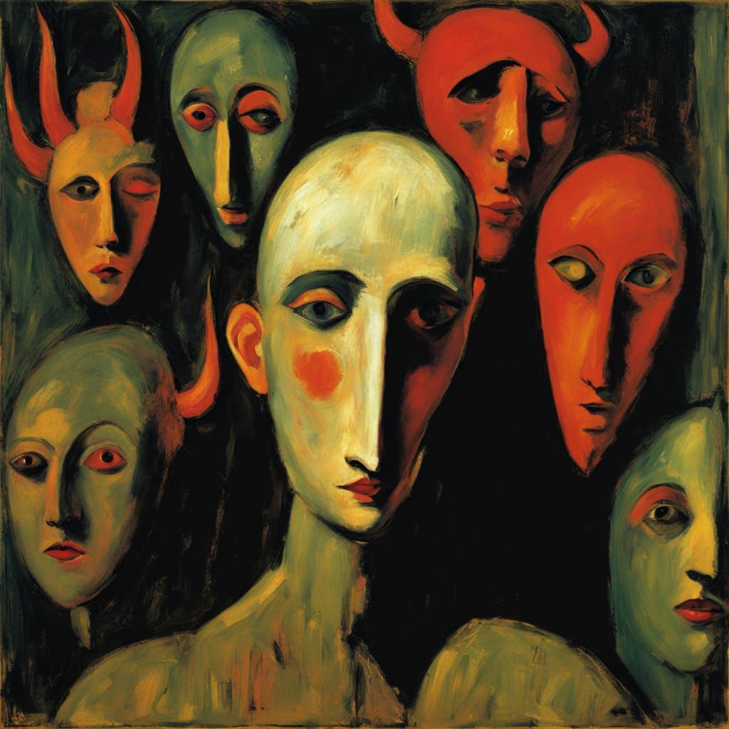 Surreal Portrait of Tormented Soul in Hellish Landscape