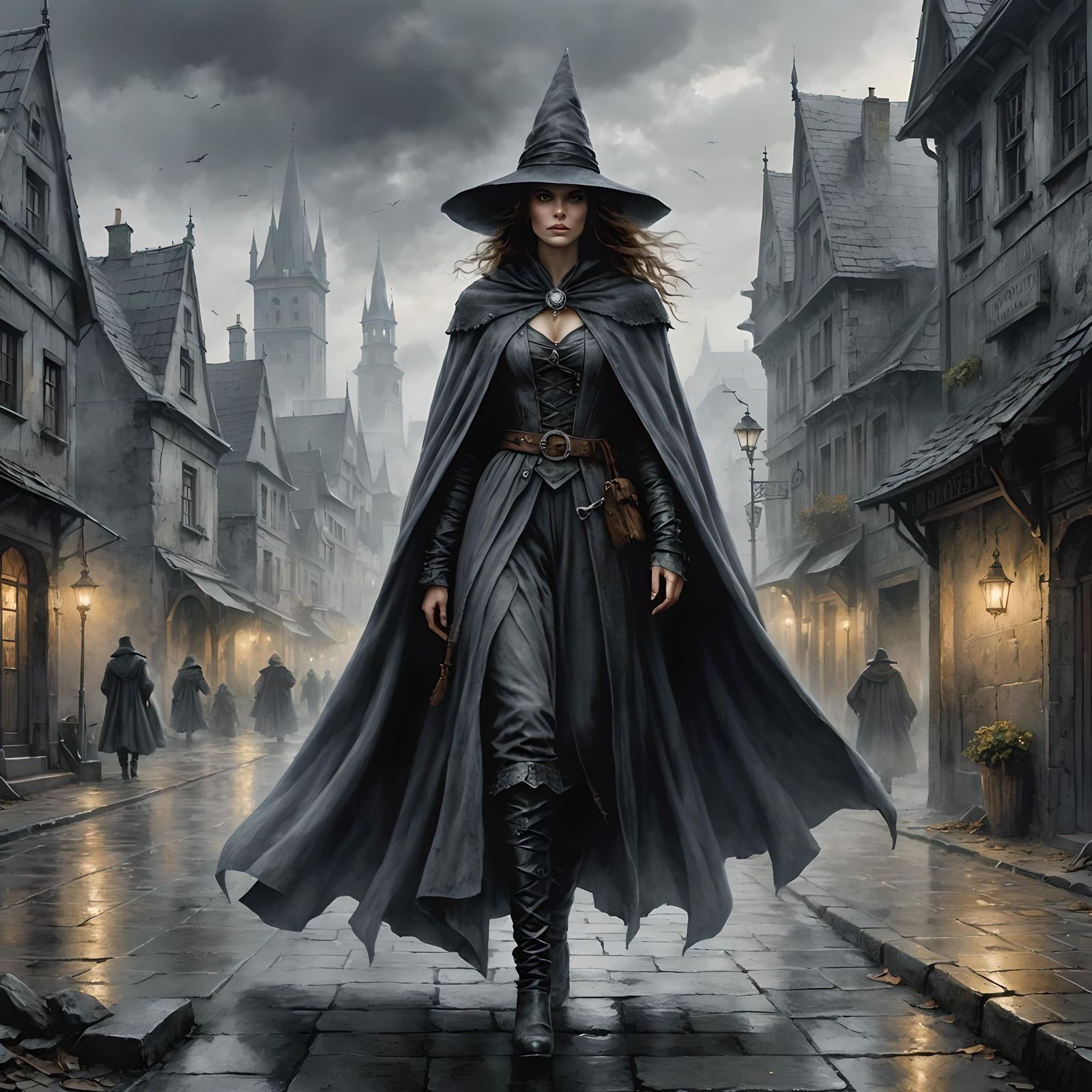 Witch in Misty Town: A Dark Fantasy Illustration