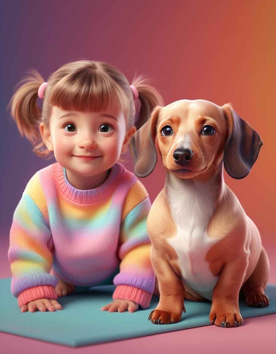 Sweet baby girl next to dachshund puppy,