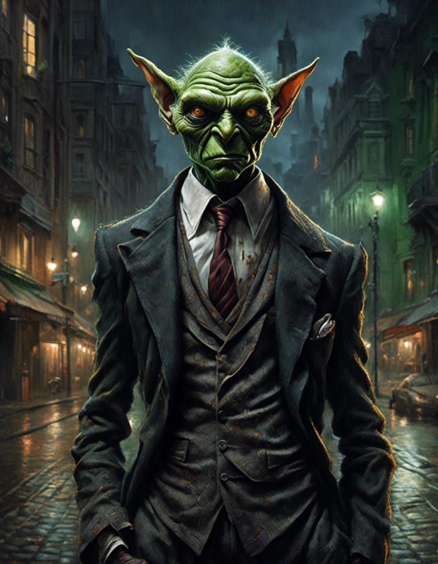 Goblin in Suit Standing in City at Night