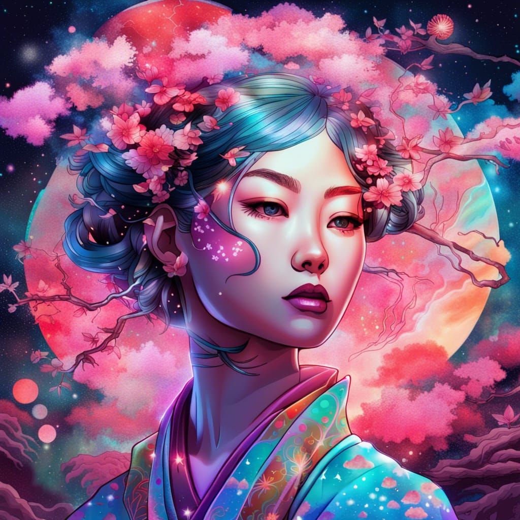 Japanese Girl in Cherry Tree: Astral Holographic Illustratio...