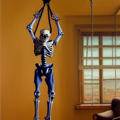 Skeleton Suspended from Ceiling Fan as Oil Painting