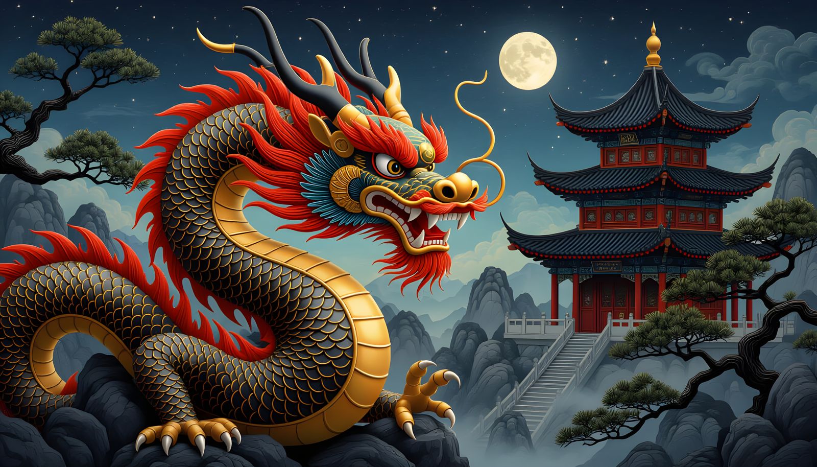 Hyperrealistic Chinese Dragon Portrait with Bonsai