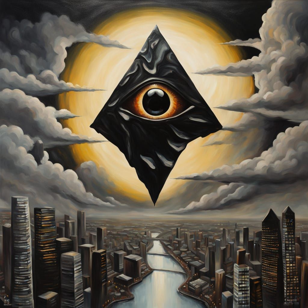 Abstract Obsidian Eye Sculpture Towering Over Dark Cityscape