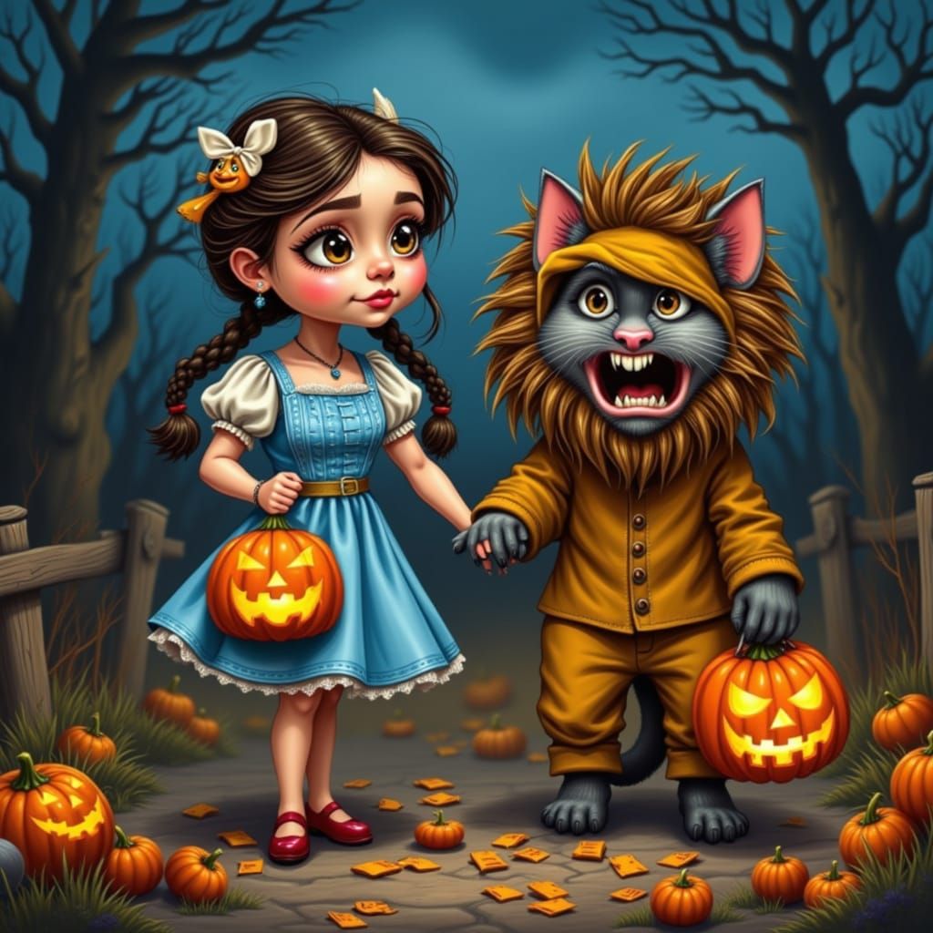 Halloween night. A girl dressed as Dorothy and a gray cat dr...