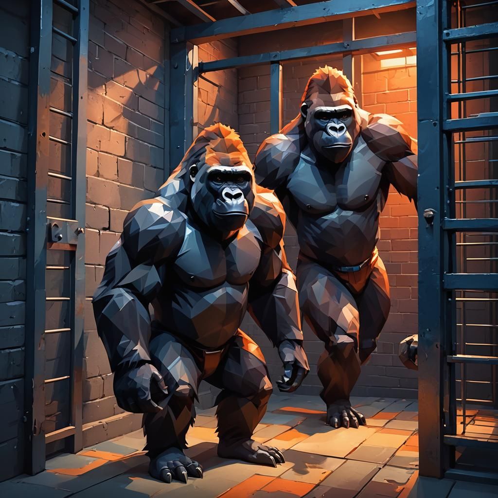 Low-Poly Gorilla in Jail Cell with Dramatic Lighting