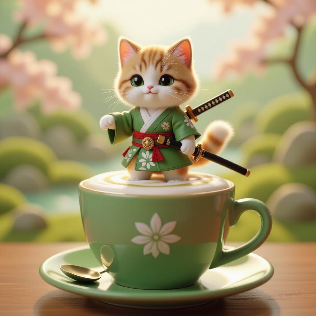 Fluffy Cat Warrior on Matcha Latte