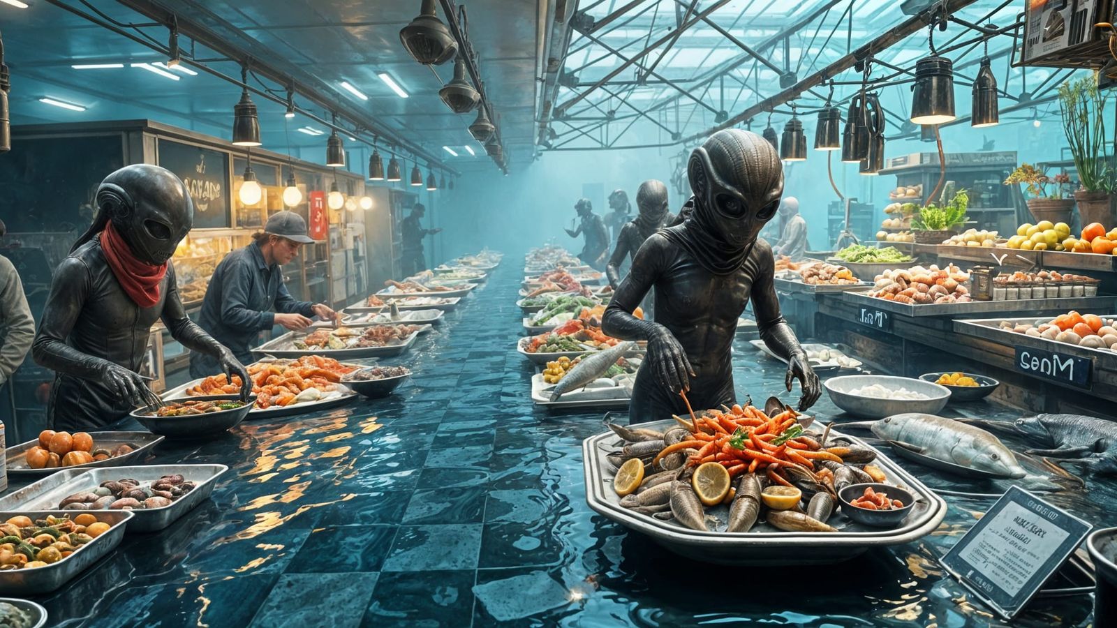 Underwater Alien Seafood Market in Photorealistic Style