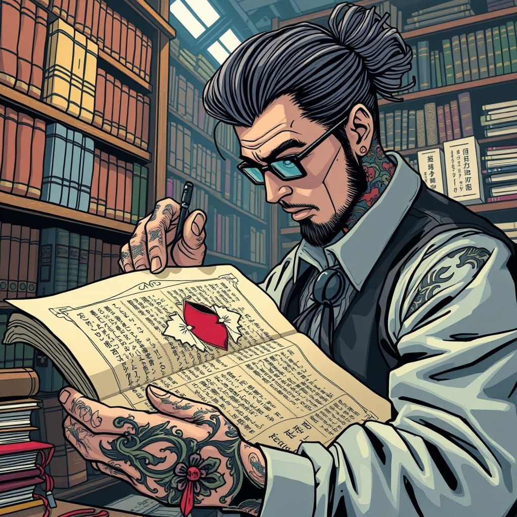 Elegant Yakuza Librarian in Daniel Clowes Comic Book Style