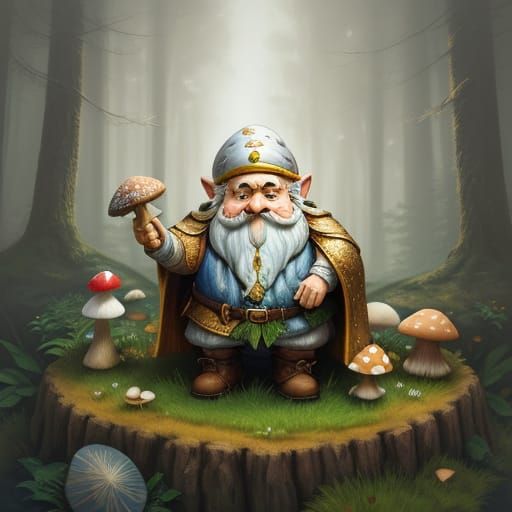 White Gnome Sitting on Mushroom in Misty Forest