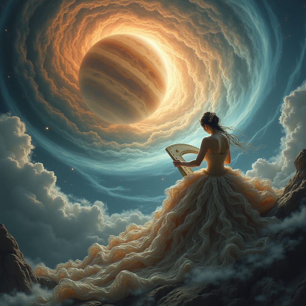 Woman Plays Harpsichord on Jupiter in Baroque Style