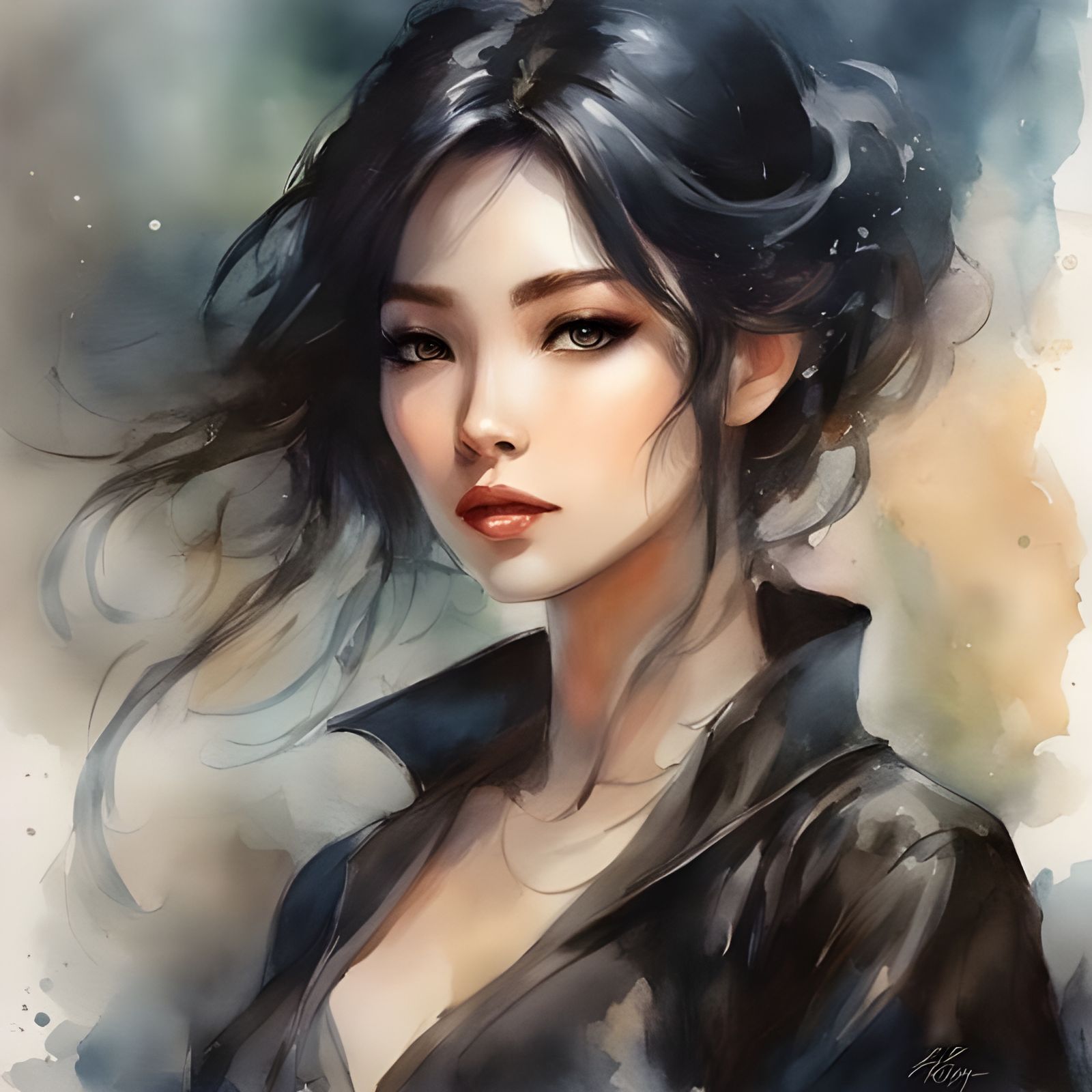 Beautiful Japanese Woman in Watercolor Style