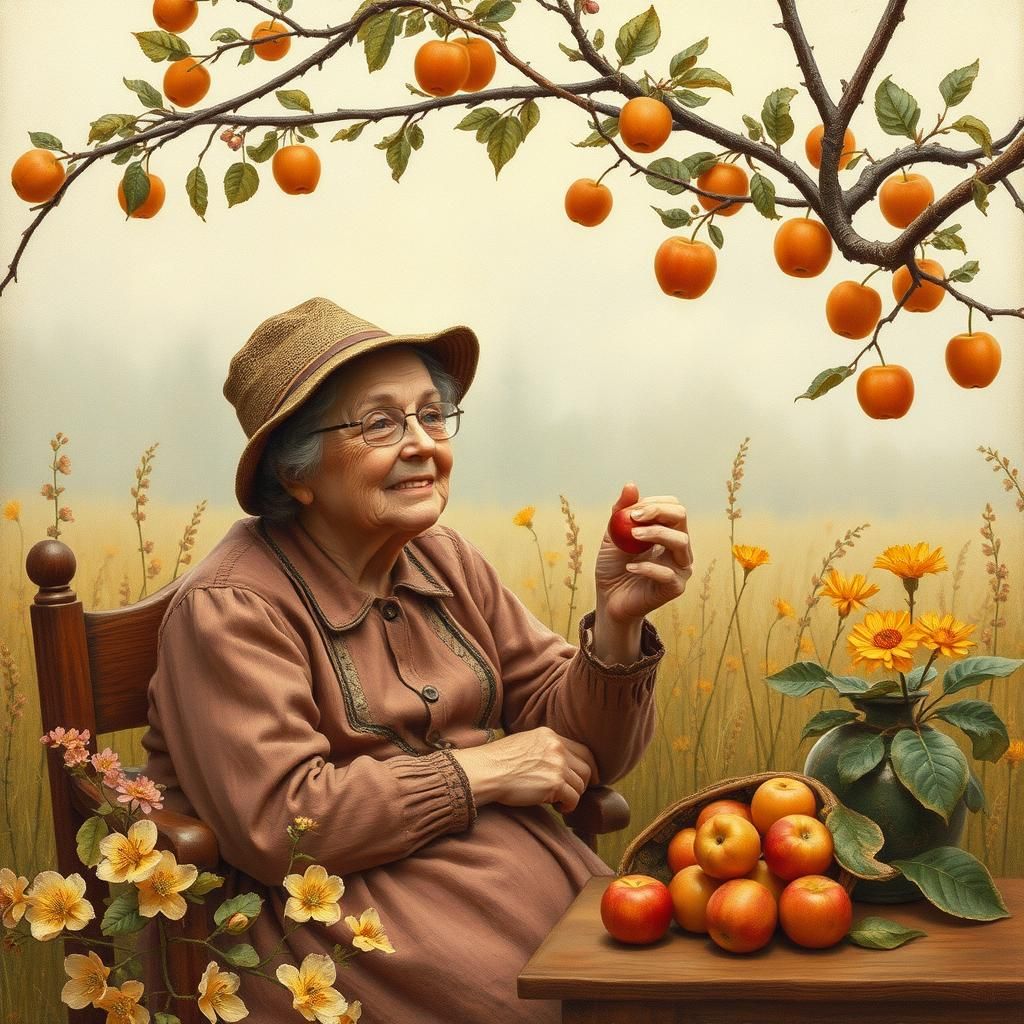 Autumn Day with Old Woman: Pastoral Drawing