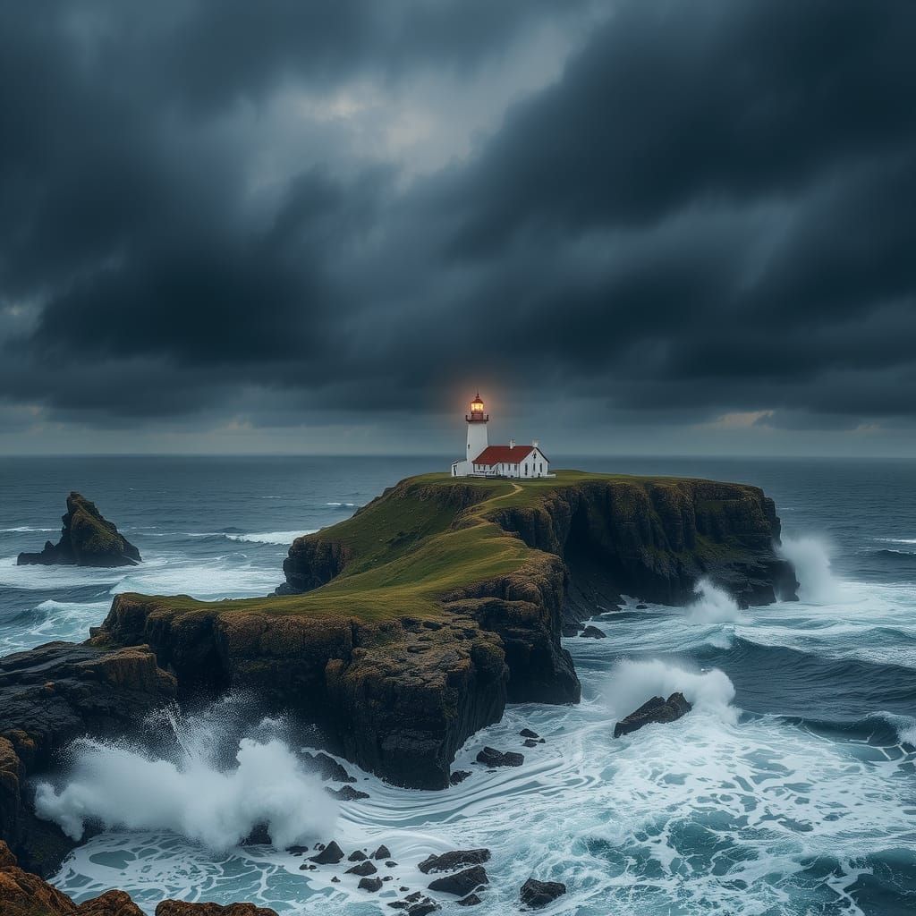Lighthouse in Stormy Seas: Atmospheric Coastal Scene