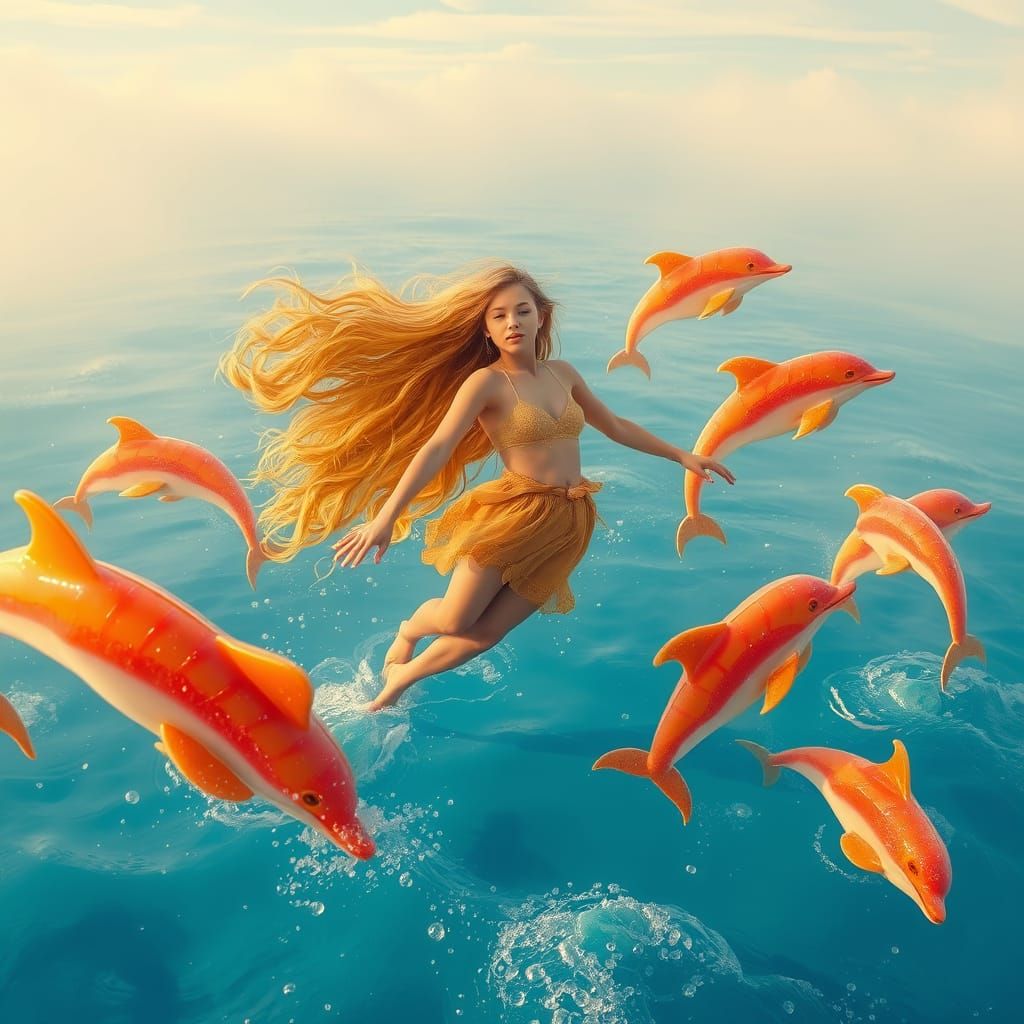 Dreamlike Soda Sea with Candy Dolphins, Digital Art