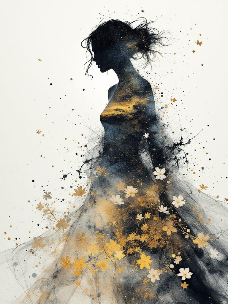 Dreamscape Silhouette with Night Sky and Floral Elements