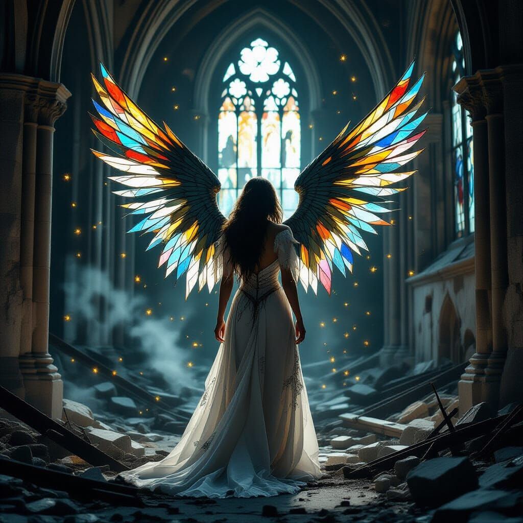 Androgynous Angel in Ruined Cathedral, Vintage Photography