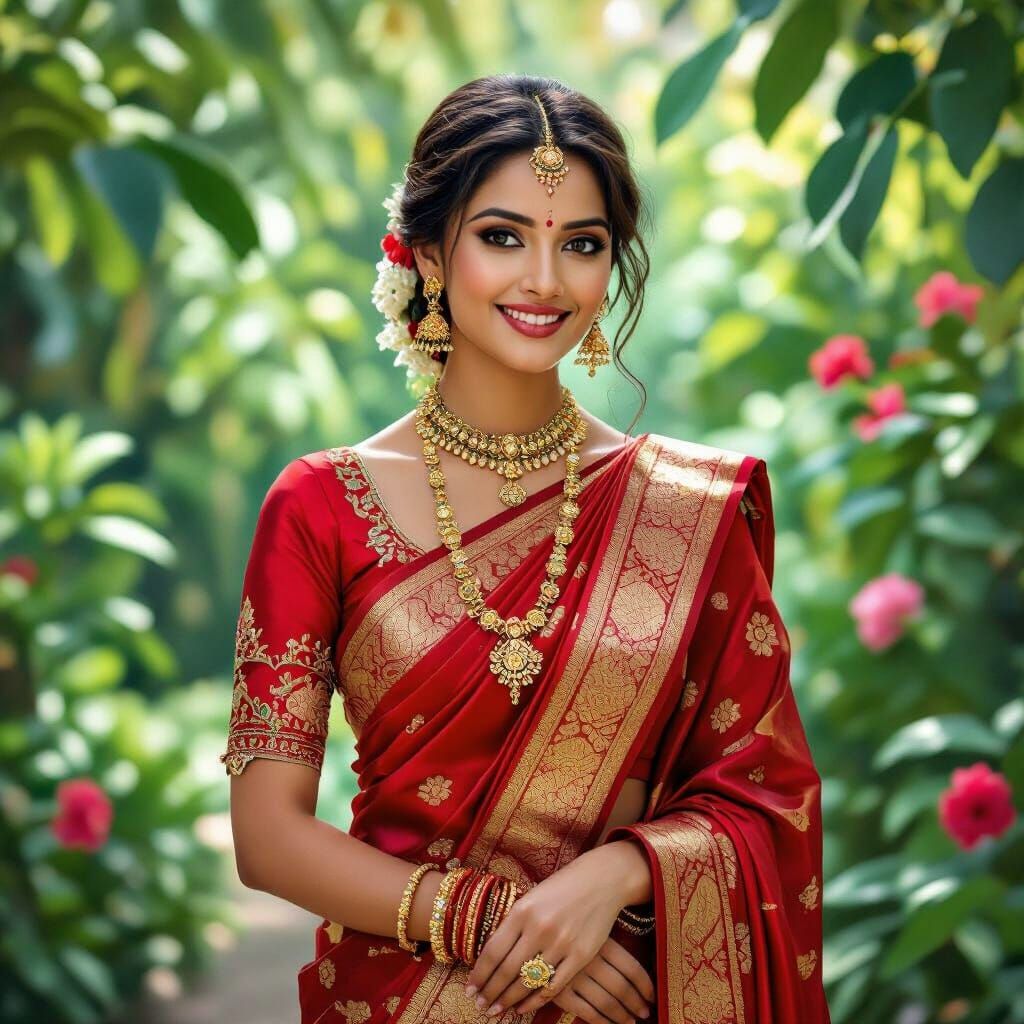 Indian Woman in Red Saree, Inspired by Classical Art